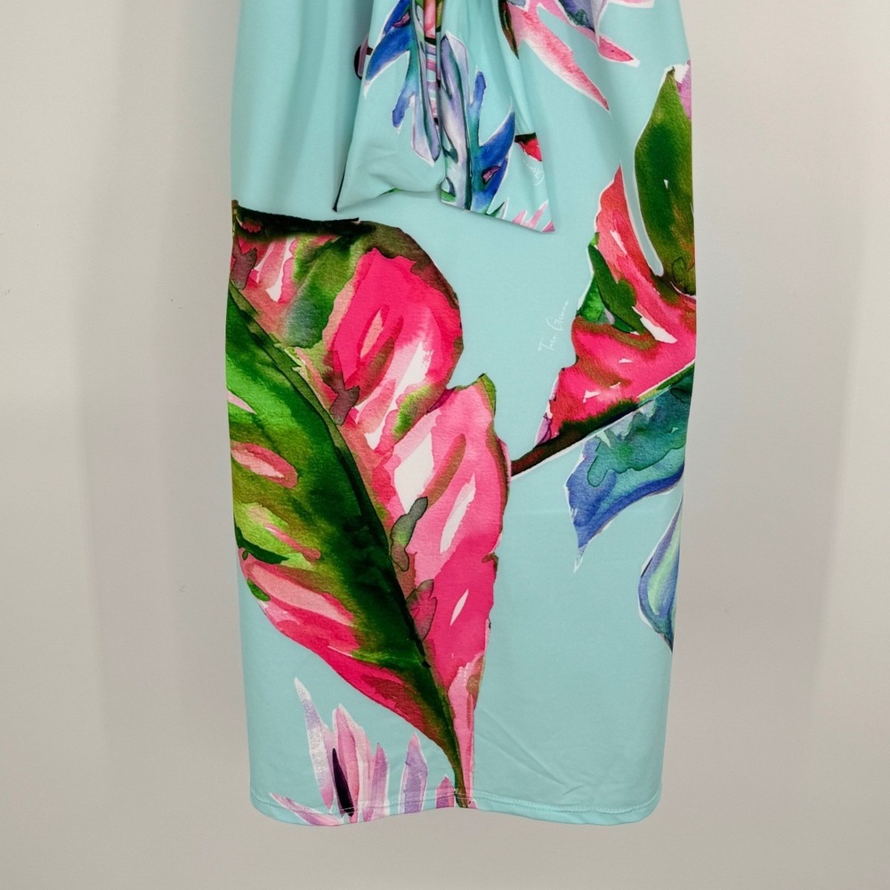 Tara Grinna Halter Dress Large Blue Tropical Floral Palm Leaf Beach Vacation - Picture 8 of 10